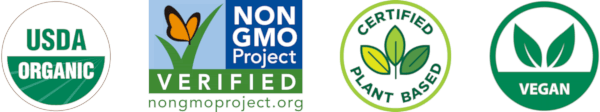 USDA Organic, Non GMO, Cetified Plant Based, Vegan